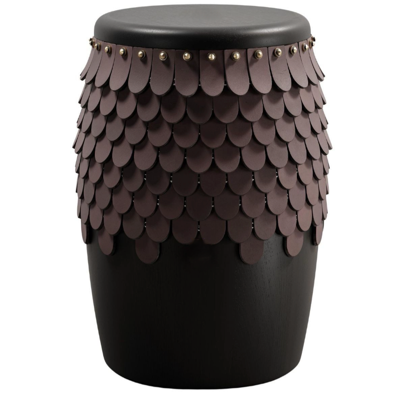 Doğal Ahşap Gerçek Deri Yan Sehpa / Tabure - Soho 612