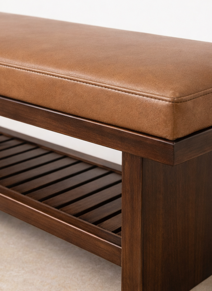 Doğal Ahşap Gerçek Deri Bench - Soho 640