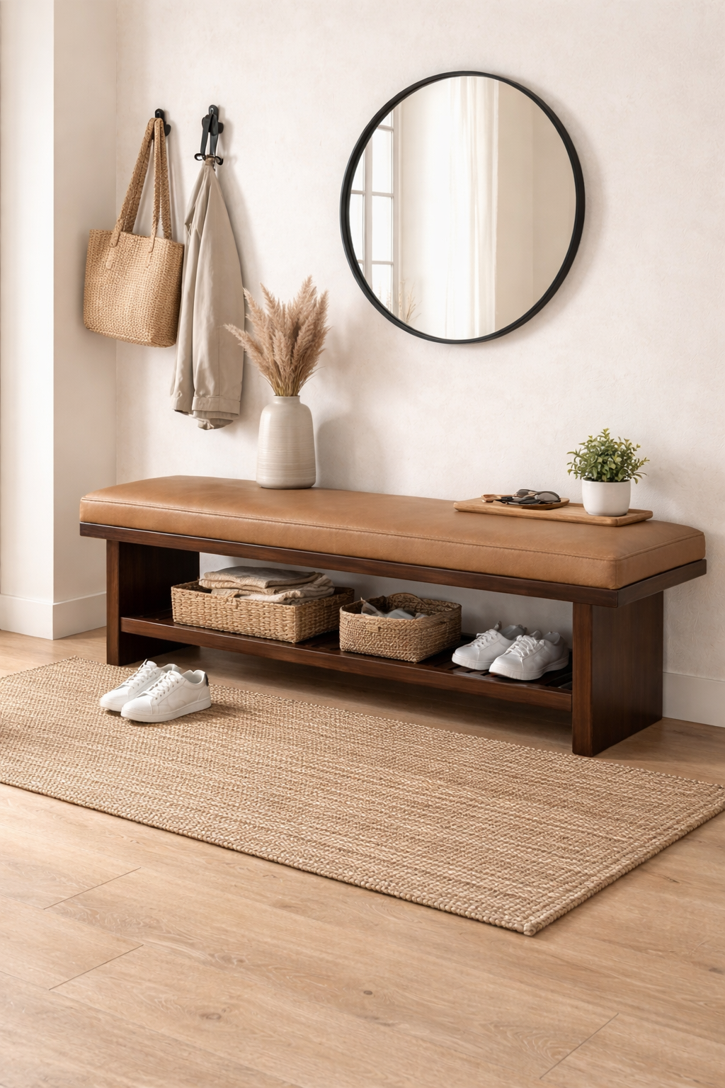 Doğal Ahşap Gerçek Deri Bench - Soho 640