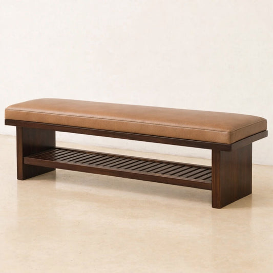 Doğal Ahşap Gerçek Deri Bench - Soho 640