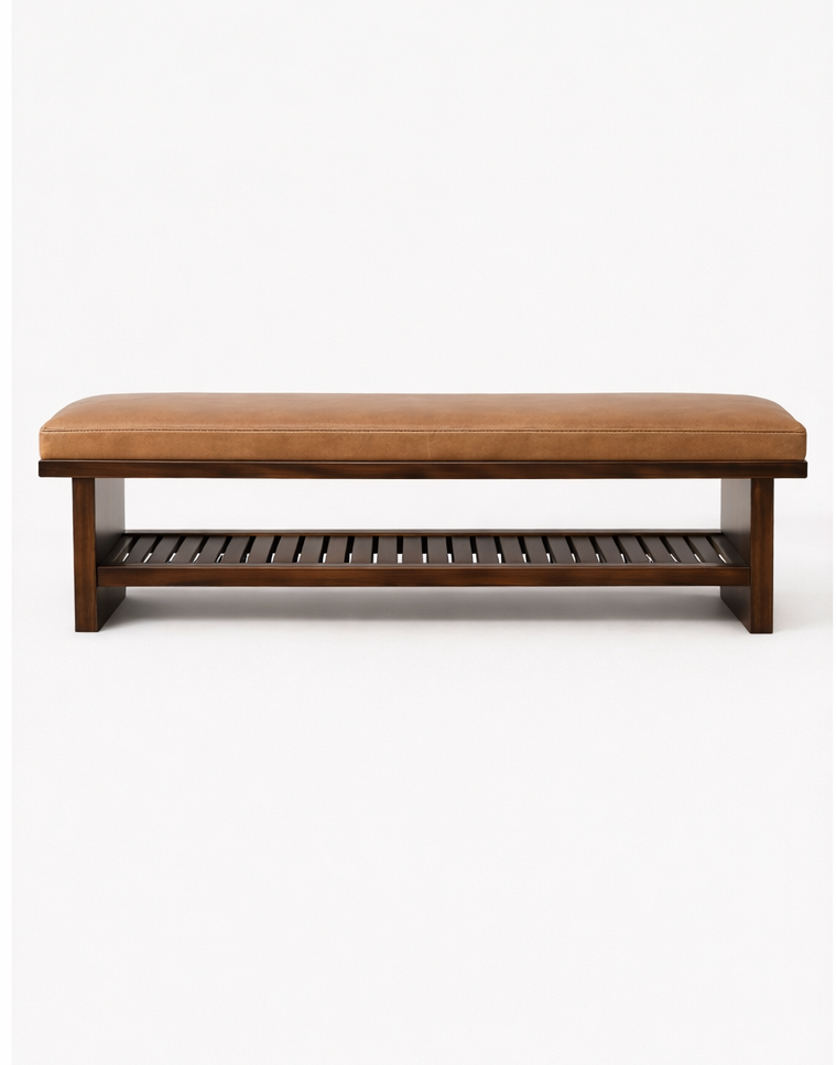 Doğal Ahşap Gerçek Deri Bench - Soho 640